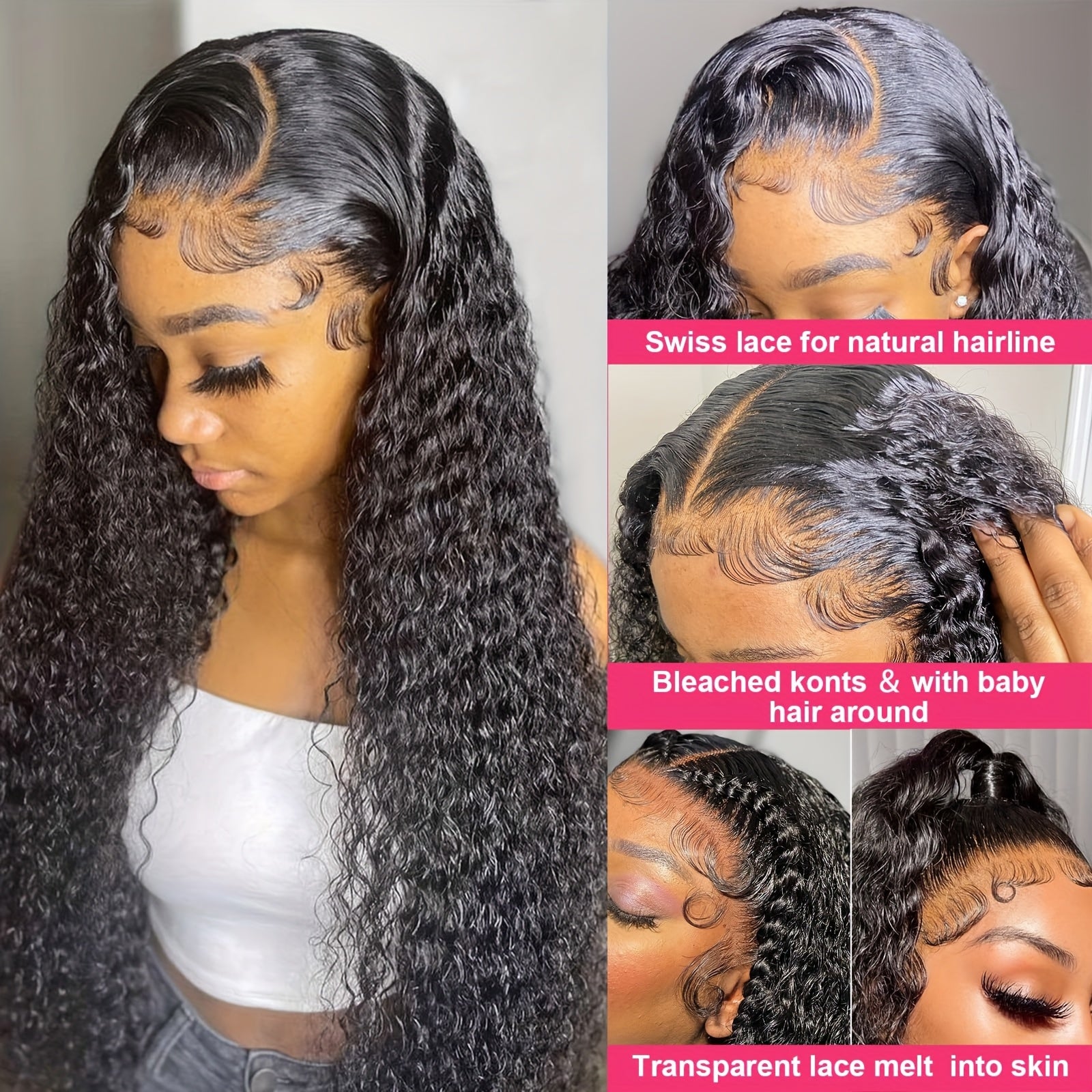 180% Density Deep Wave Lace Front Wig - 13x6 HD Transparent Lace Frontal Wig with Pre-Plucked Baby Hair, Natural Color, Glueless Human Hair Wig for Women, Elegant Deep Curly Style, Suitable for All Light Beige Tones, Everyday